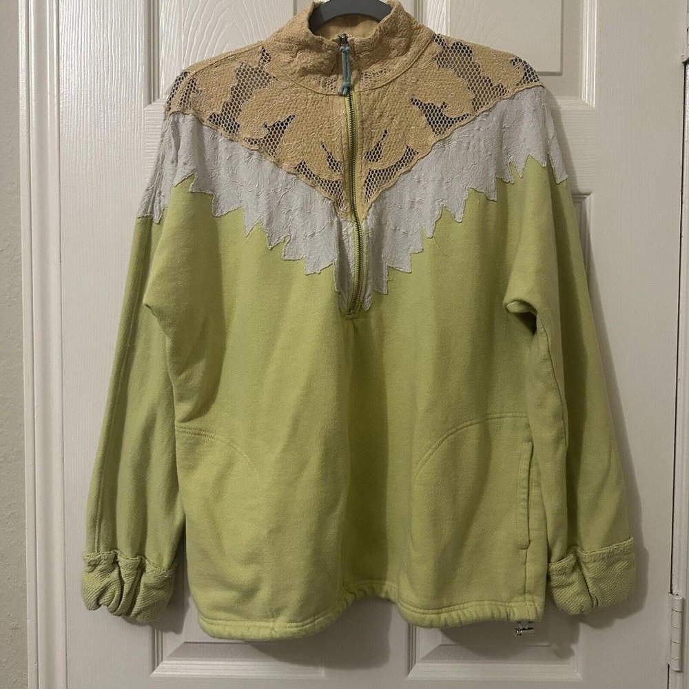 Free People Sweatshirt Isla Pullover Sweater Crochet Zip Neck Lime Peach Ivory